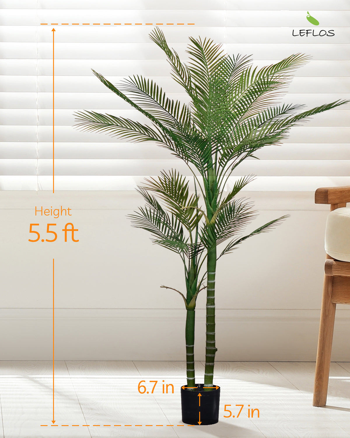 Faux Palm Tree Indoor, 5ft Artificial Areca Palm Plant with 2 Detachable Trunks & 24 Adjustable Palm Leaves, Large Tropical Fake House Palm Tree Silk Floor Plant, Nice Home Decor