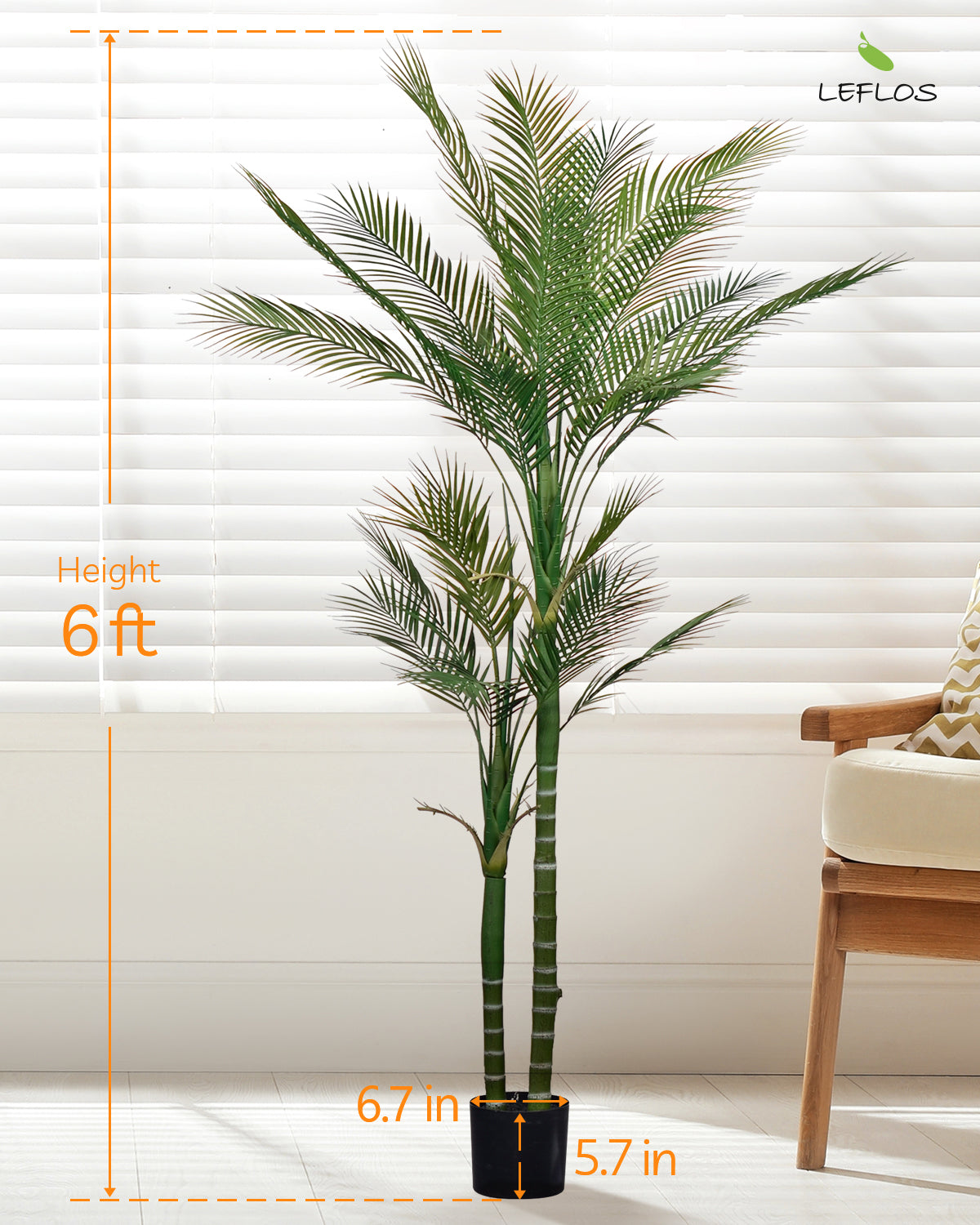 Faux Palm Tree Indoor, 6ft Artificial Areca Palm Plant with 2 Detachable Trunks & 24 Adjustable Palm Leaves, Large Tropical Fake House Palm Tree Silk Floor Plant, Nice Home Decor